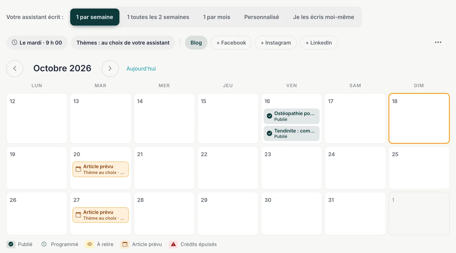 Le calendrier des articles d'onatoO : rythme « 1 par semaine », articles publiés et articles prévus le mardi