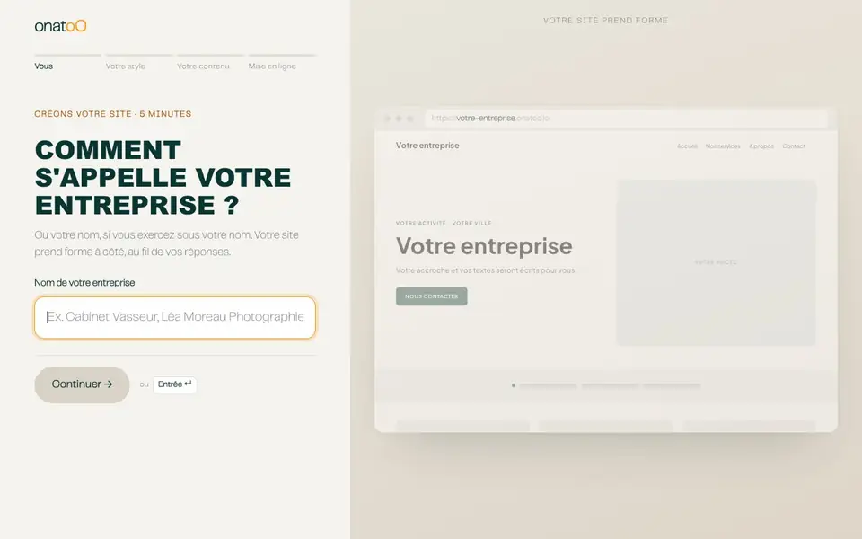 La création d'un site dans onatoO : nom, métier, modèle, couleurs, domaines, recherche Google, puis le site construit en une minute